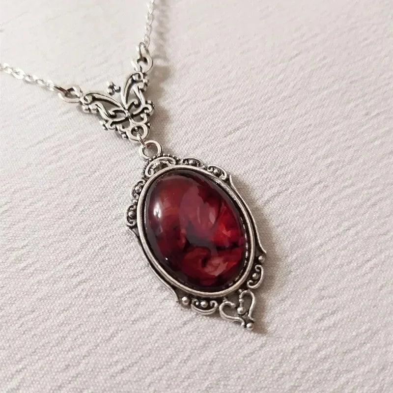 Gothic Blood Red Quartz Charm Necklace Butterfly Necklace For Women Vampire Embossed Witch Jewelry Accessories Vintage Chokers - CRAVO ROSE