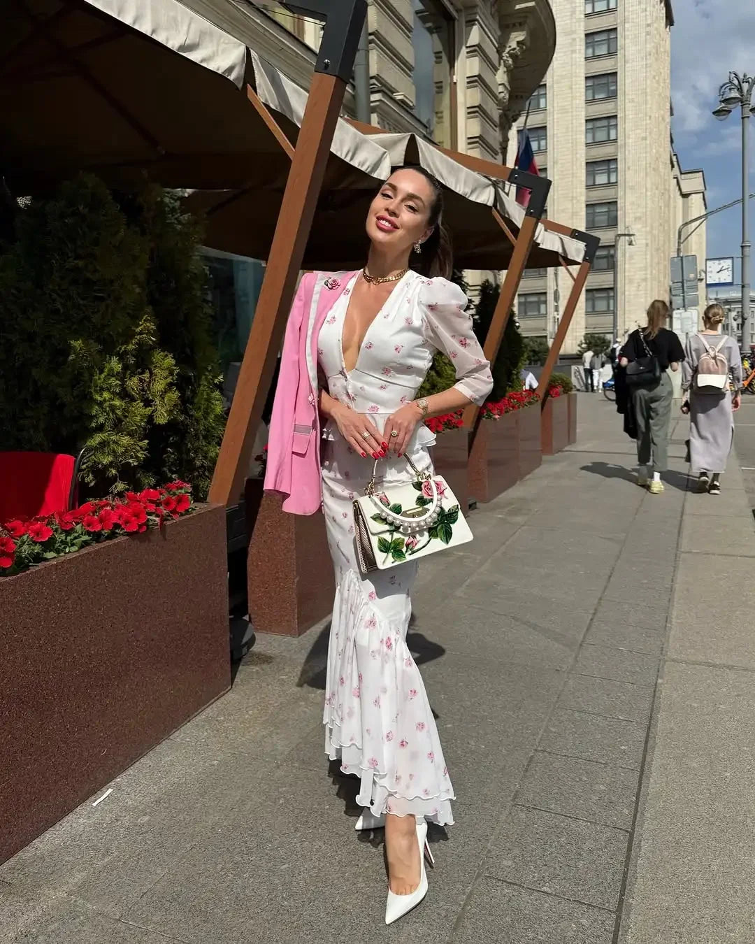 Women White Floral Print Maxi Dress V Neck Puff Sleeve Peplum Waist Fishtail Hem Chiffon Robe Elegant Party Wedding Guest Gown