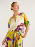 Fashionable Summer Silk Printed Women Set Dress Loose Short Sleeves Shirt Top +skirt Waist 2 Piece Sets Elegant Ladies Suit