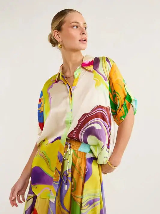 Fashionable Summer Silk Printed Women Set Dress Loose Short Sleeves Shirt Top +skirt Waist 2 Piece Sets Elegant Ladies Suit