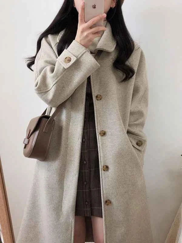 Autumn Winter Korean Style Loose Woolen Coat 2025 Slimming Knee-Length Tweed Women's Mid-Length Elegant Outerwear