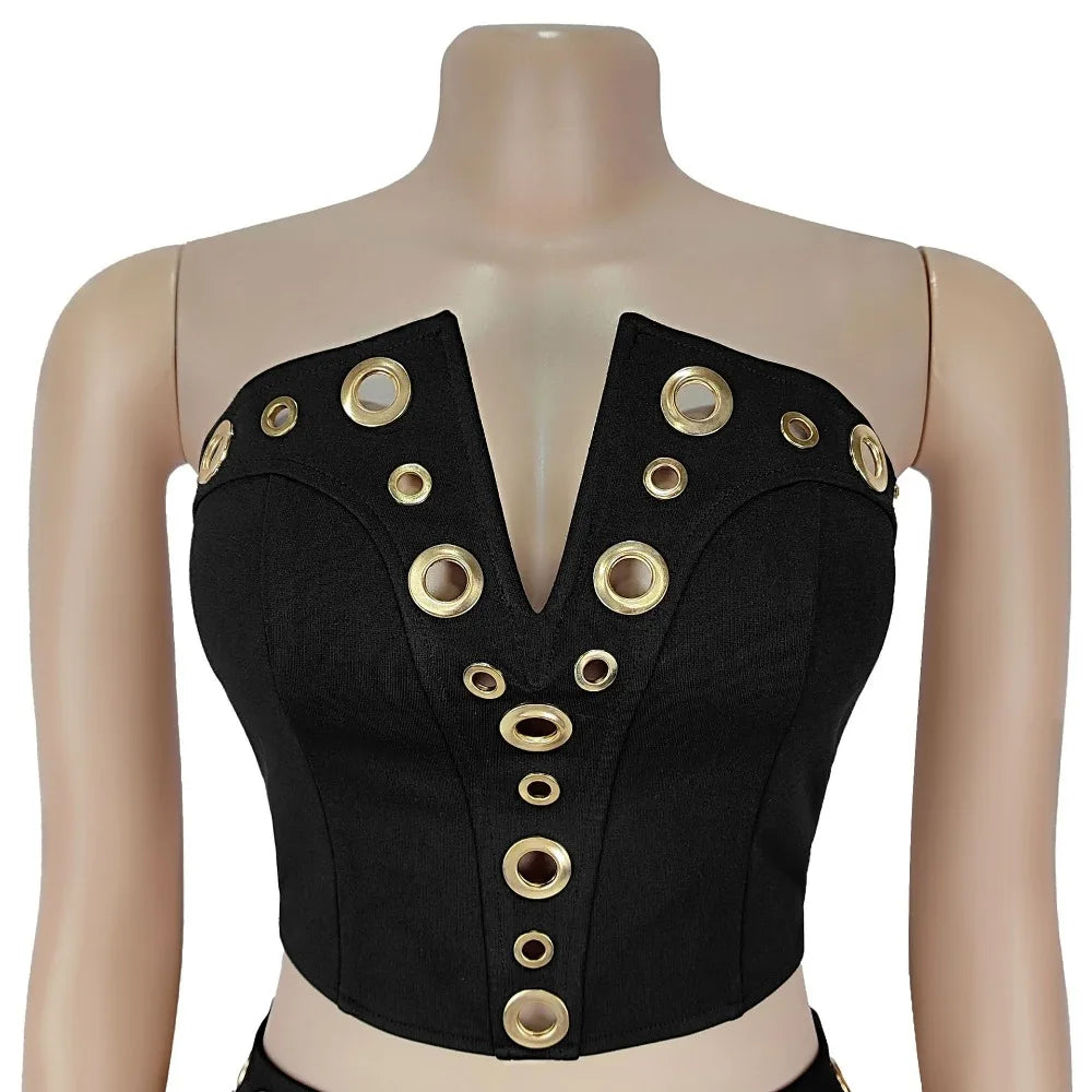 FLARORA Fashion Metal Ring Holes 2 Pcs Sets Woman Sleeveless Hollow Out Crop Tops And High Waist Flare Pants Elegant Streetwear