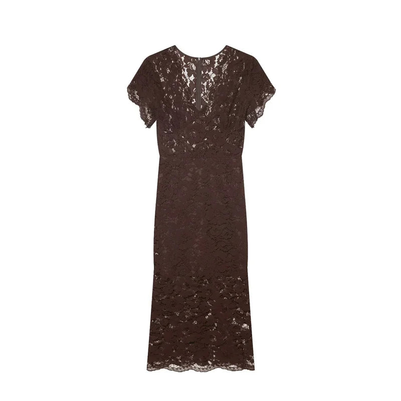 Women's Dress 2026 Summer New Solid Color Short Sleeve V-neck Lace Waistband Long Dress Elegant and Stylish Fashionable