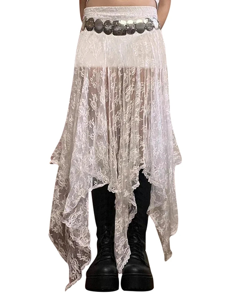 Saia feminina de renda elástica de cor sólida casual de verão transparente irregular saia em linha A para férias clube streetwear roupas estéticas