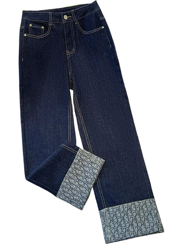 High-End Women's Straight Leg Jeans Loose Fit Spring Season Roll up Capri High Waist Denim Blue Flip  Thermal Regulation