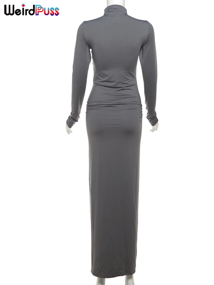 Weird Puss Hipster Ruched Dress Women o-NeckFull Sleeve  Skinny Stretch Robe Autumn Trend Simple Classic Pleats Long Bodycon