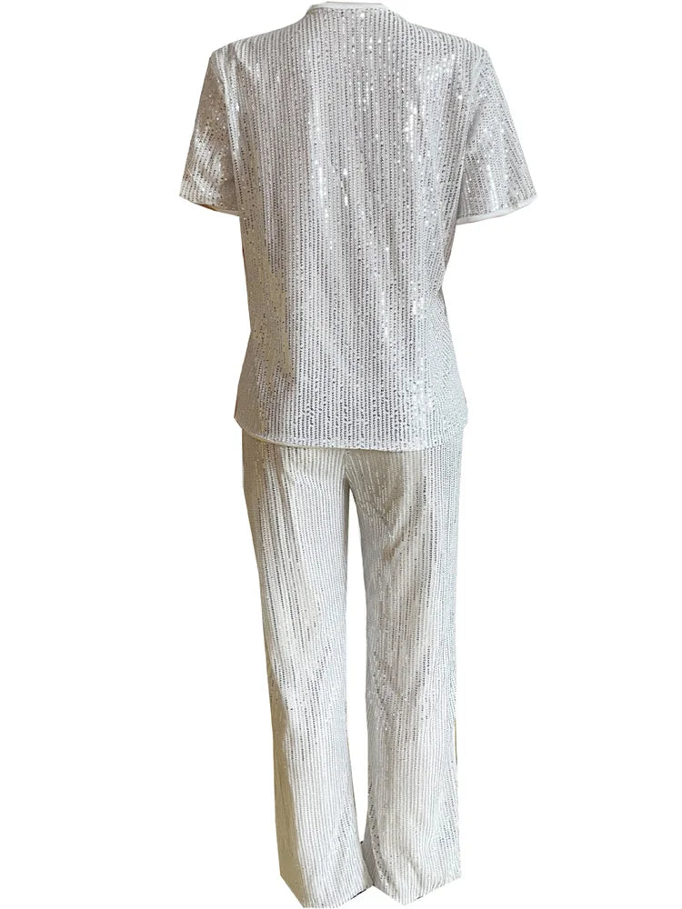 Conjunto Feminino de Duas Peças Primavera Feminino Casual Brilhante Lantejoulas Gola Redonda Moda Sólida Manga Curta Camiseta Perna Larga Calças Terno