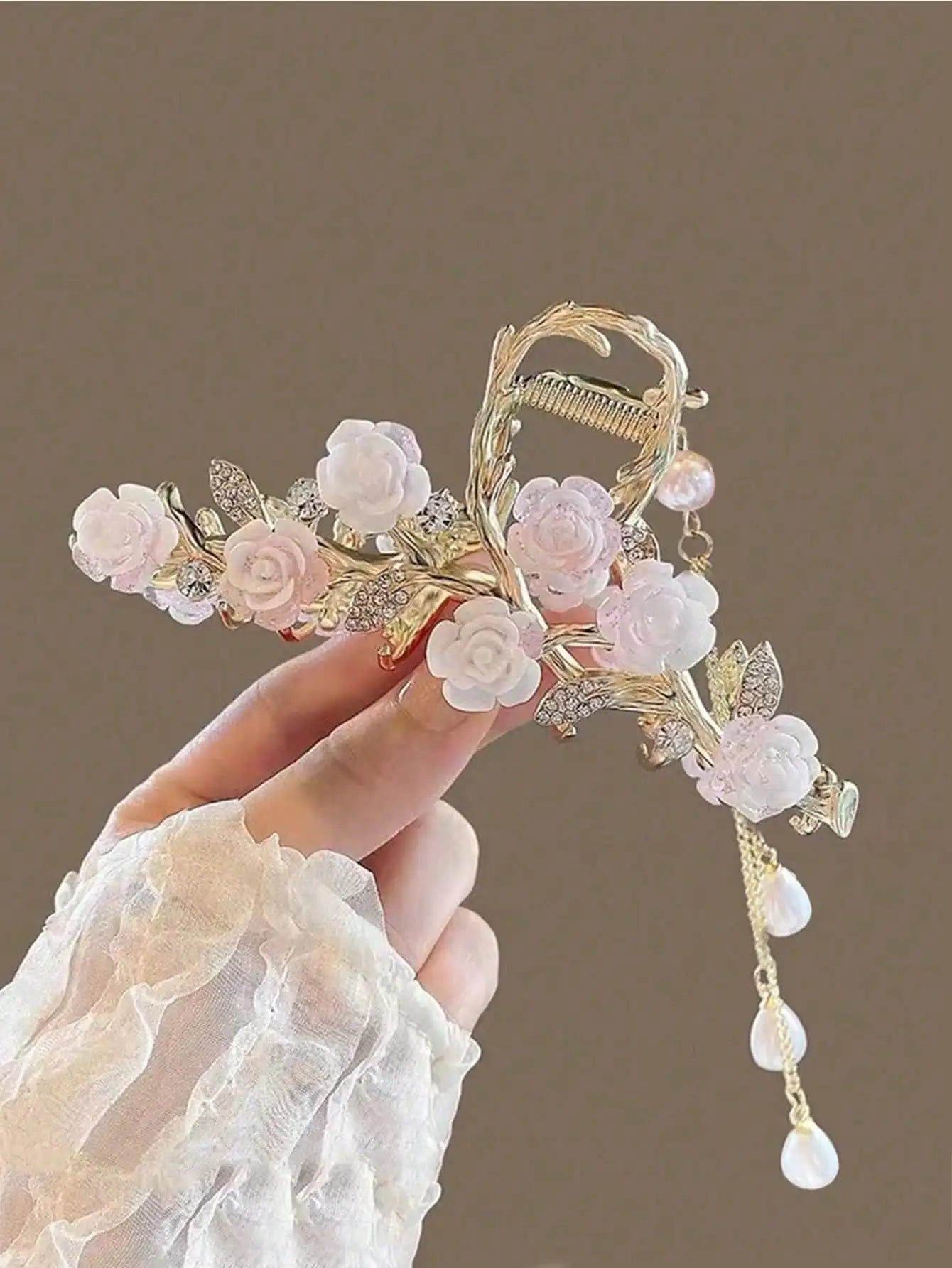 1 Pcs Fashion Plucked Rose Rhinestone Pearl Tassel Hair Claws For Women Girls Party Hair Accessories