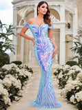 Slash Neck Floral Sequined Evening Prom Dresses Women Off Shoulder Sleeveless Formal Dinner Cocktail Party Dress Celebrity 2024