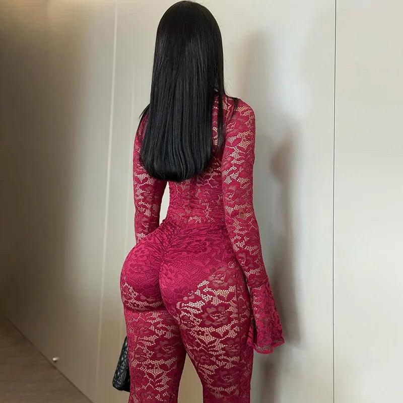 Sexy Hollow out Micro Flared Jumpsuit Long Pants  Lace Shirt Thickened Winter Collection for Elderly Women