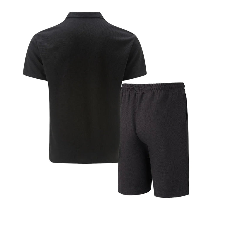 Conjuntos homens Waffle cor sólida zíper lapela manga curta terno shorts dois