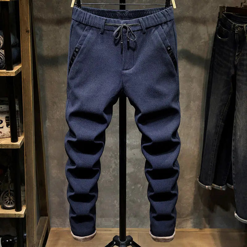 Korean Fashion Fleece Plush Mens Casual Full Length Elastic Waist Autumn and Winter Thickened Drawstring Sports Joggers Trousers