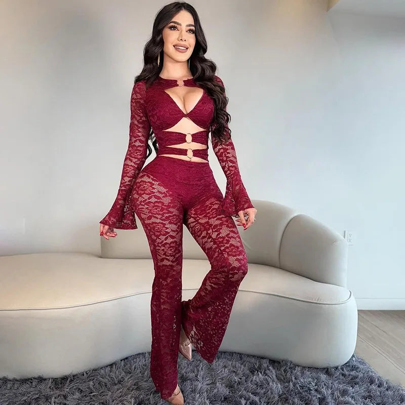 Sexy Hollow out Micro Flared Jumpsuit Long Pants  Lace Shirt Thickened Winter Collection for Elderly Women