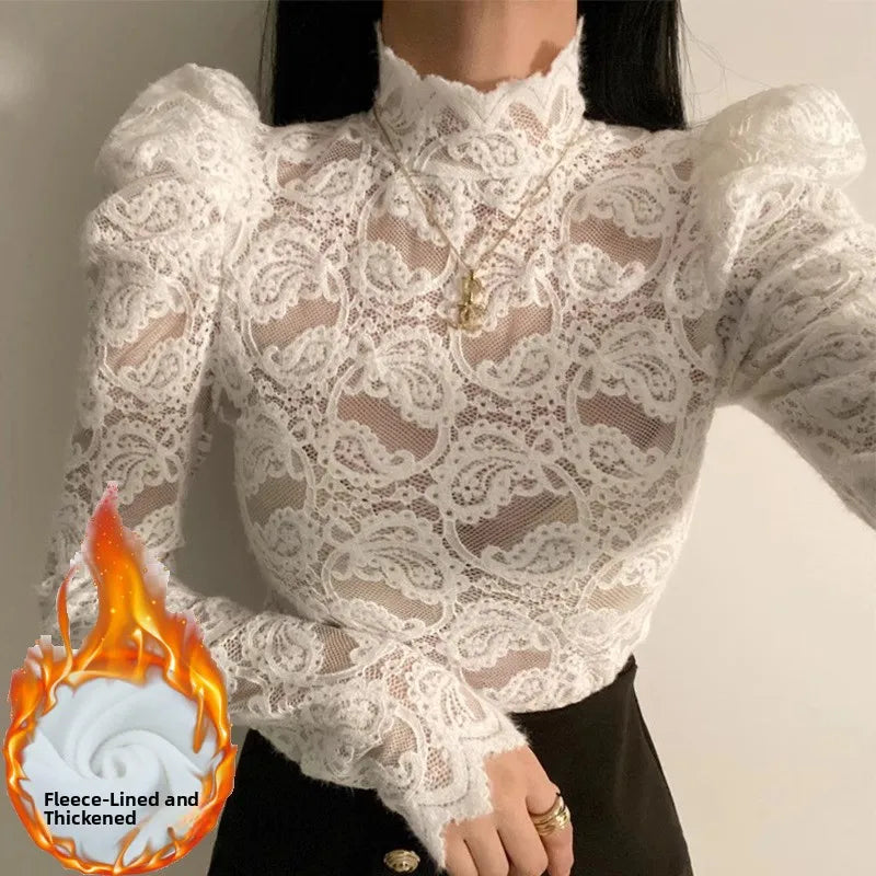 Fleece Lined Lace Base Shirt Women's Autumn Winter Hollow out Mesh Top Trendy Commute Style High Neck Long Sleeve  Color