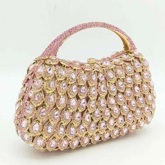Boutique De FGG Pink Crystal Rhinestone Clutch Handbag Women Metal Minaudiere Top Handle Tote Purse Wedding Party Evening Bag