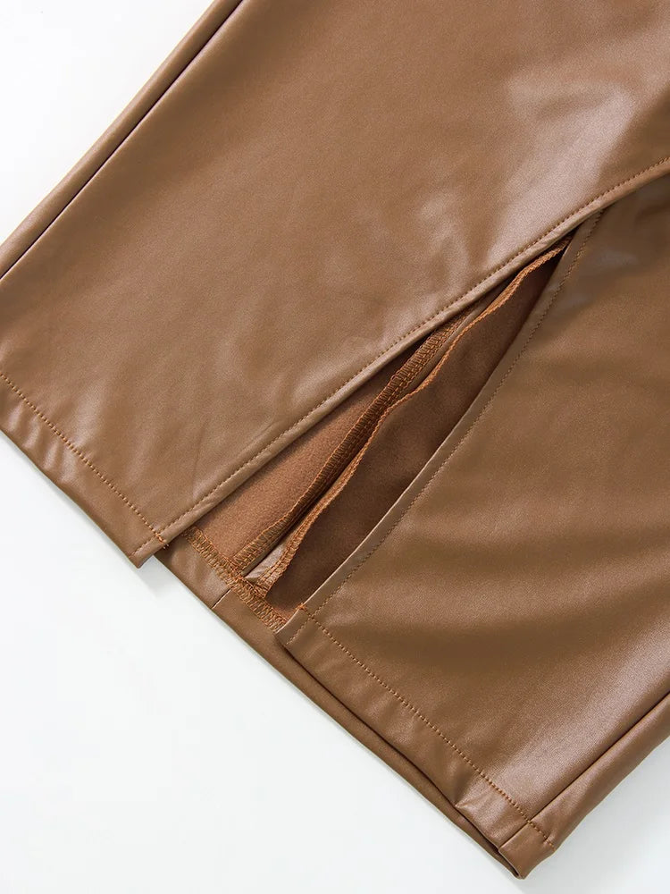 Women Midi Leather Skirt Sexy Split High Waist Zipper PU Front Slit Skirts Ladies Black Faux Leather Folded Skirt For Women