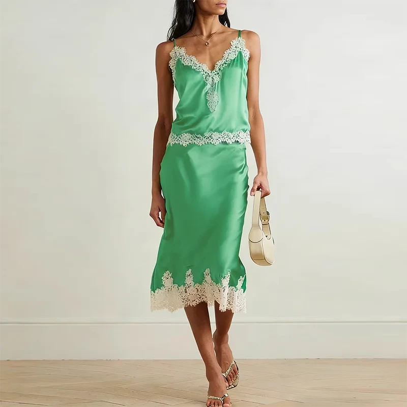 Lace Patchwork Slim Fit Two Piece Set Sexy Lady V Neck Sling Top and Long Skirt Suit Fashion Hollow Out Sleeveless Summer Outfit