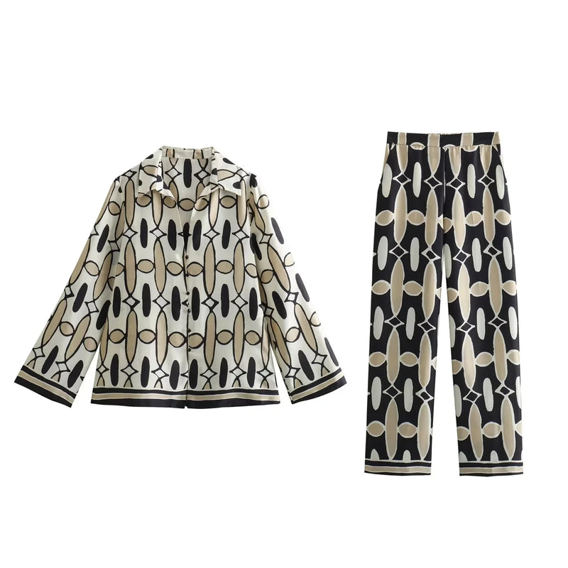TRAFZA Vintage Casual Print Women Suit Single Breasted Turn-down Collar Blouse Loose Long Pants Fashion 2024 Spring Summer Sets