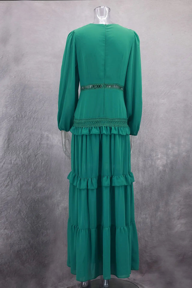 Women Ruffle Patchwork Maxi Dress Sexy V-neck Lantern Long Sleeve Hollow Out Dresses Lady Chic Split Robes Green Blue Purple New