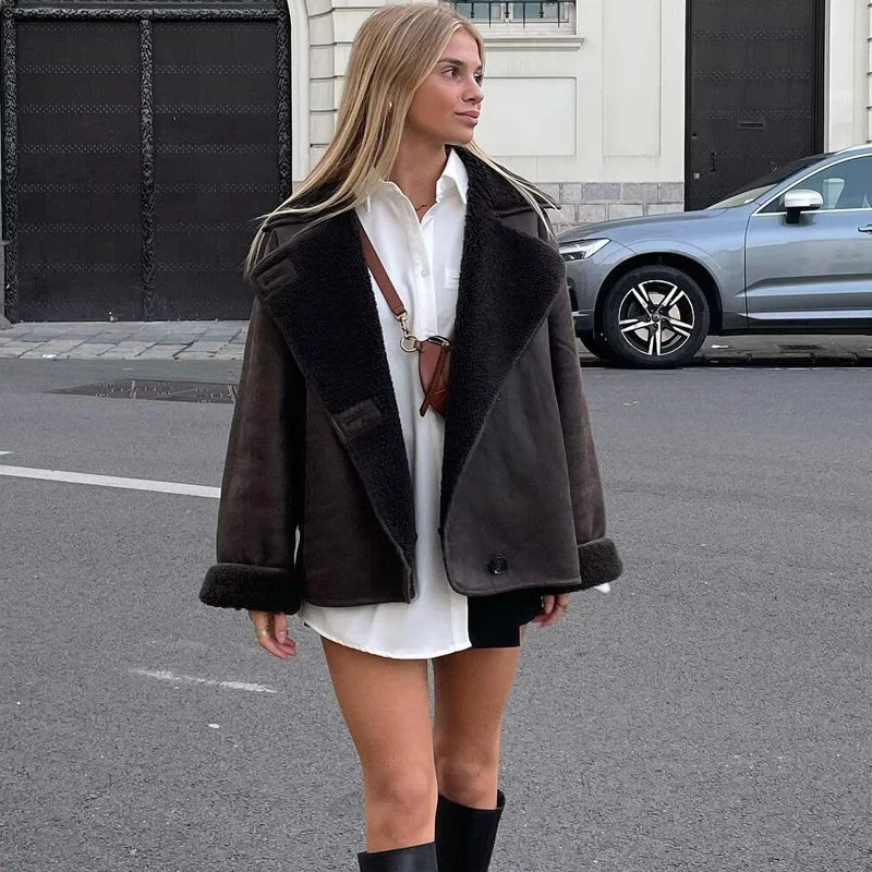 HXAO Faux Leather Jacket Winter Coat Female Button Long Sleeve Brown Jacket Demi-Season Faux Wool Coats And Mixtures Jacket