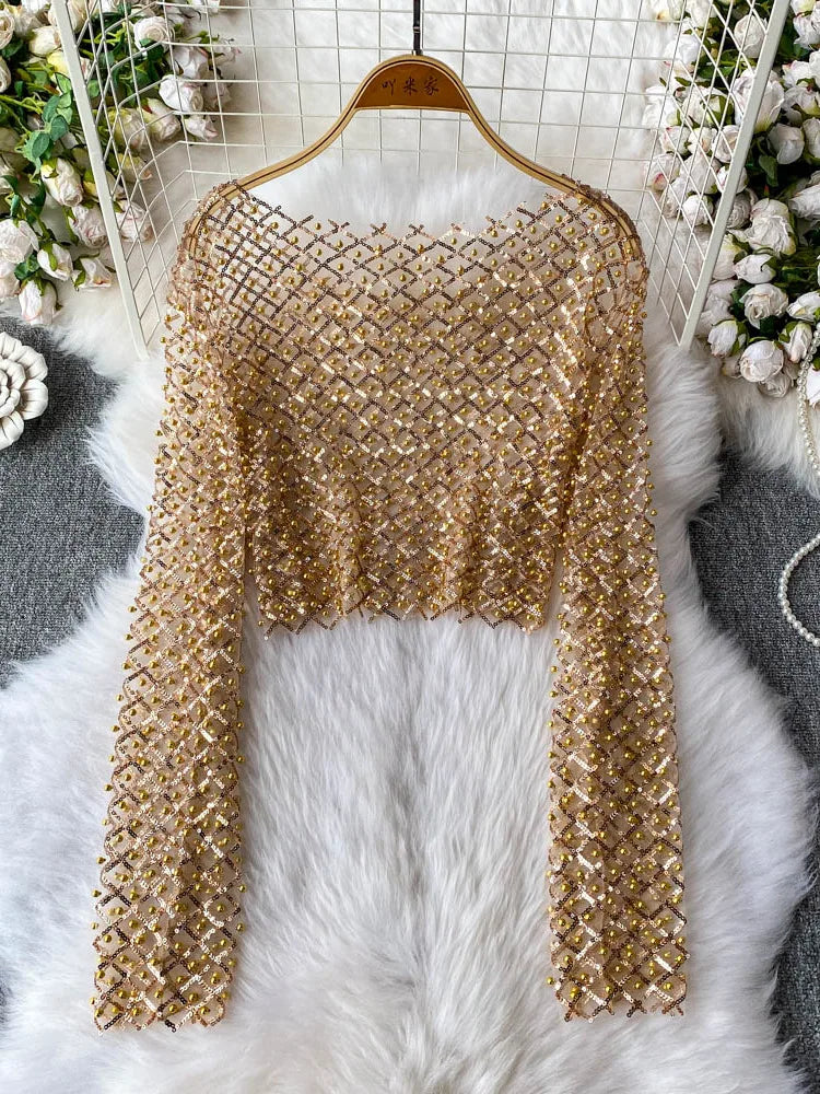 Slim Fit Short Sleeveless T-Shirt Women's New Style round Neck Long Sleeve Shiny Sequin Heavy Duty Bead Commute Style Korean ...