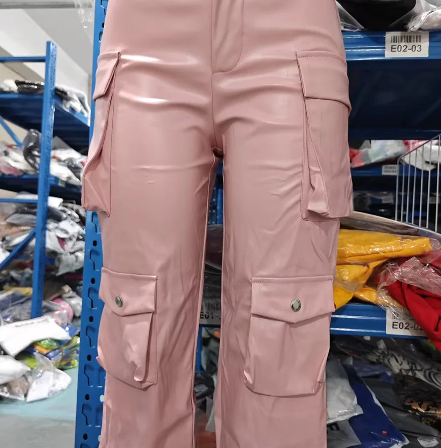 Calças casuais de couro sintético com perna reta e bolsos lisos, cintura alta, moda feminina