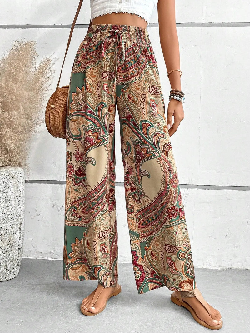 Calças de cintura alta com estampa da moda, pernas largas, primavera-verão, roupas femininas, calças casuais soltas, faixas elásticas, estilo boho, calças de praia