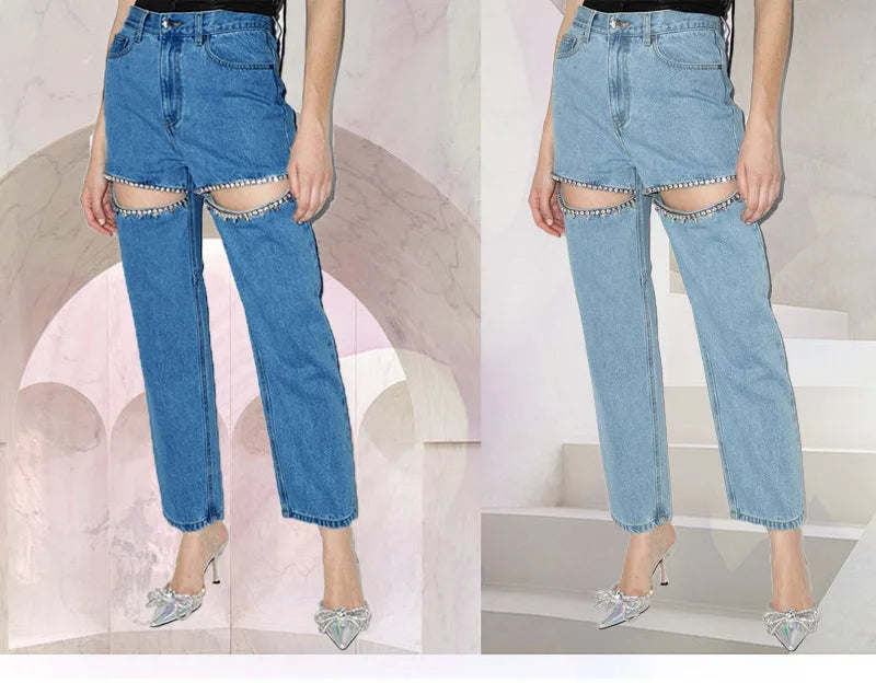 Calça jeans feminina da moda com strass, primavera-verão, azul, rasgada, reta, perna larga, desgastada, calça jeans feminina