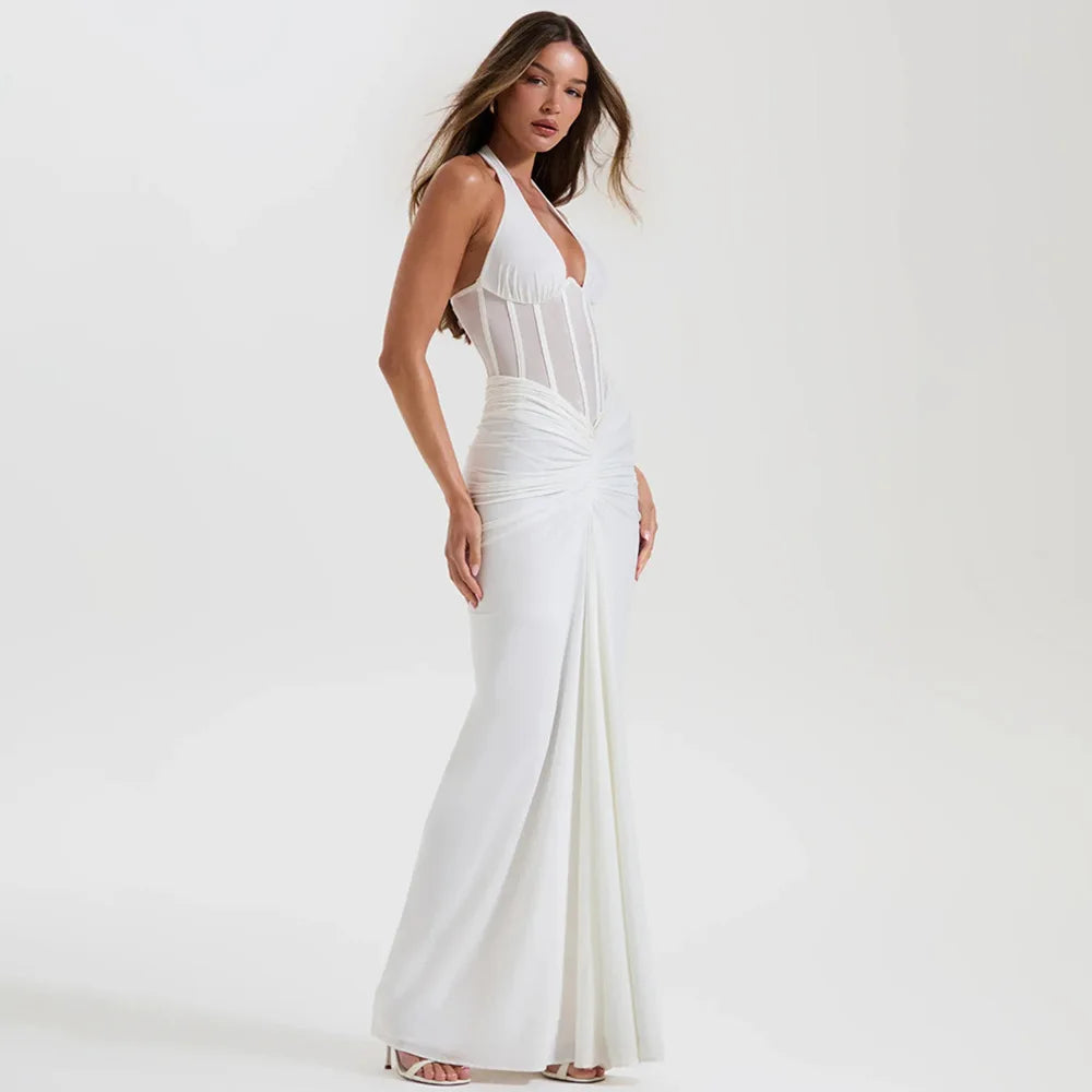 Elegant White Long Curvy Dress Women's Halter Deep V Backless Black Mesh Ruched Maxi Dresses Evening Party Cocktail Robe Summer