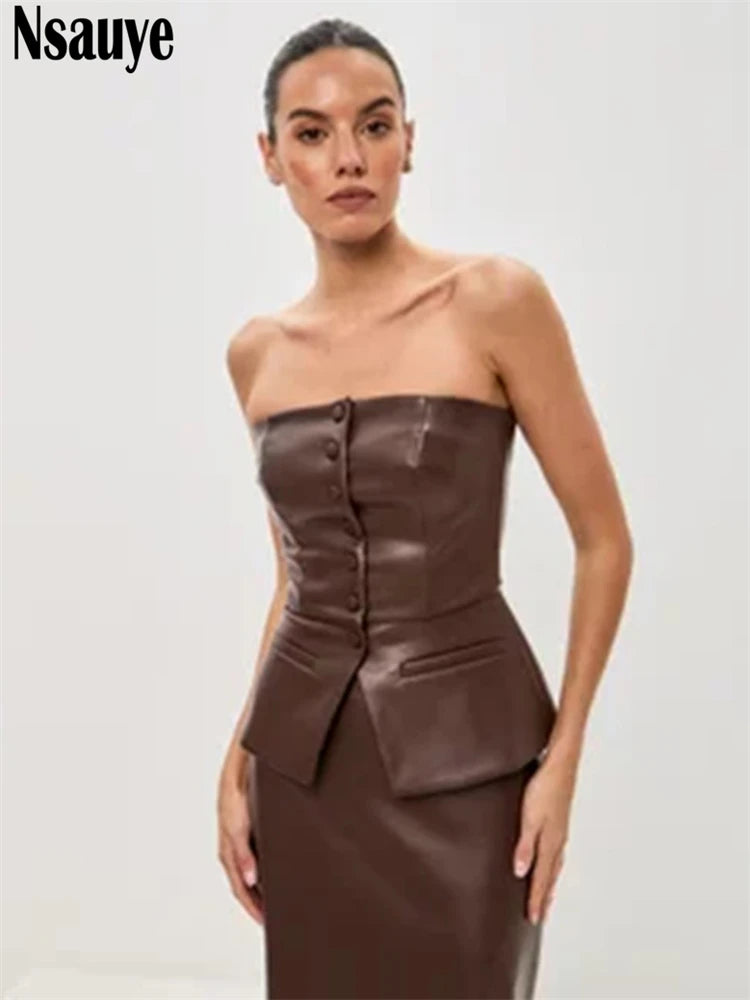 Pulôver Nsauye feminino, de um botão, sexy, sem alças, colete de couro, mini regata justa, moda verão 2025