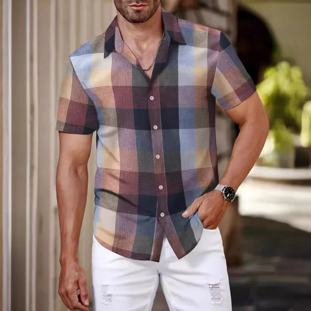 2024 Cross Border Amazon Summer New Plaid Shirt Summer Men's Short Sleeve Lapel Youth Casual Short Sleeve Men's Shirt