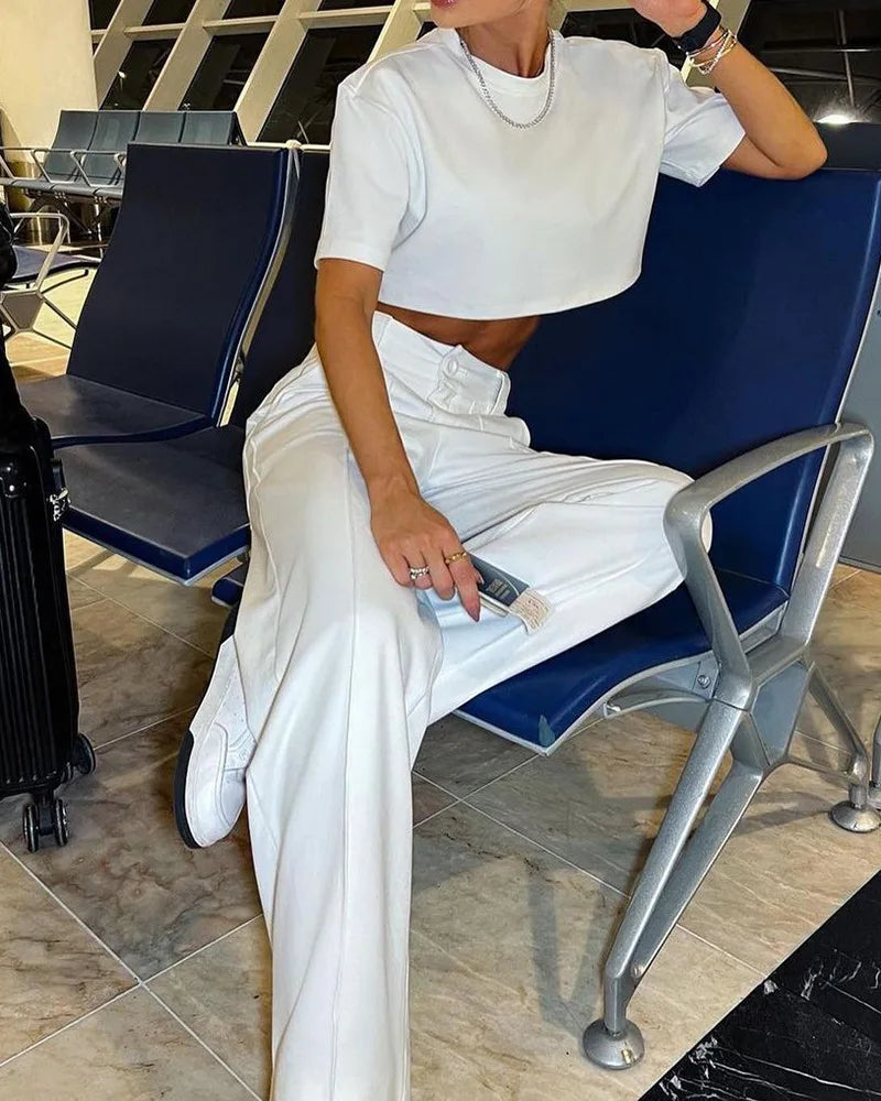 Casual Fashion Women Half Sleeve Crop T-shirt Wide Leg Pants Set Summer Femme Office Lady Two Pieces Suit Set Workwear Outfits