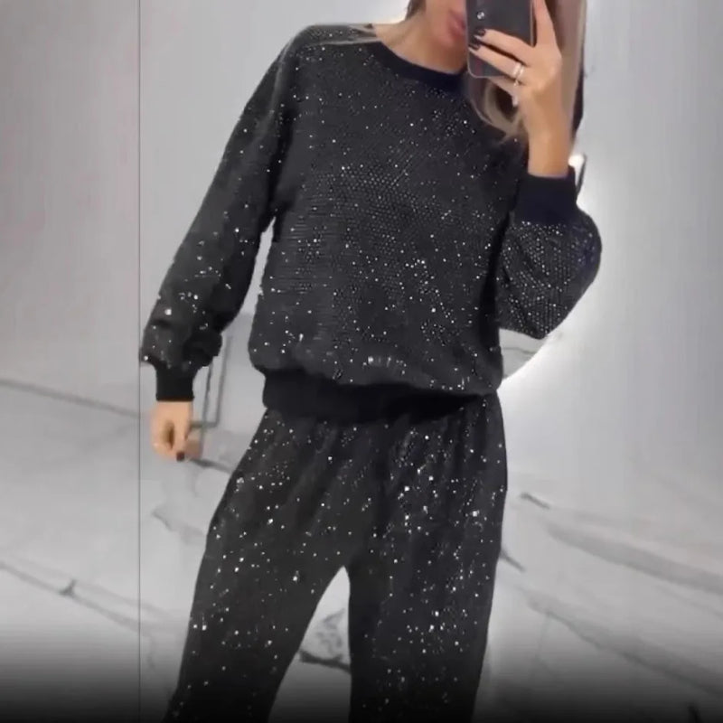 Spring Autumn Fashion Sequin Suit For Women 2025 Elegant O Neck Pullover Tops Lace Up Long Pant 2 Piece Set Lady Sports Suit