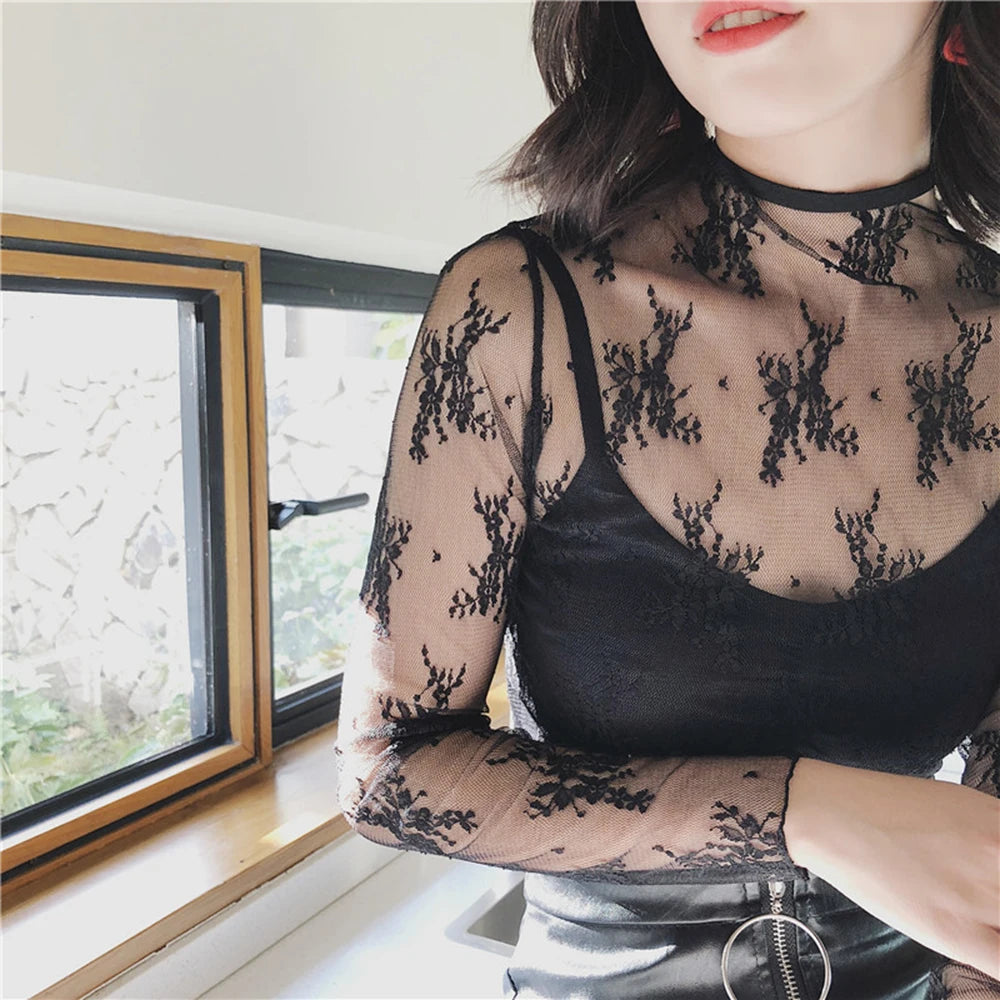 Sexy Mesh Perspective Top Ladies Sheer Blouses Women Lace Floral T Shirt See Through Long Sleeve Tee Shirts Sunscreen Tops