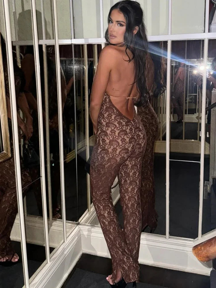 Lace Backless Sexy Jumpsuit Women Rompers Halter Off-shoulder Sleeveless Skinny Club Party Jumpsuits Female Clothes