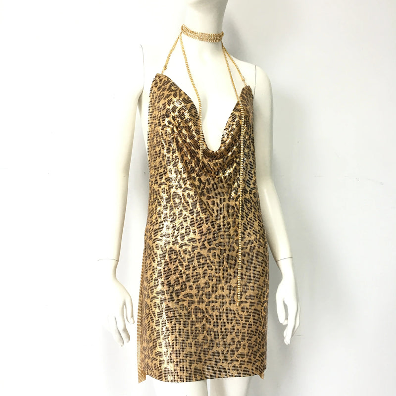Women Leopard Print Metal Sequins Mini Dress Summer Sexy Deep V Neck Backless Halter Neck Party Dress Nightclub Streetwear