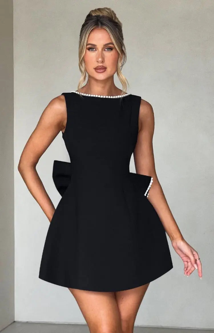 Elegant Pearl Bow Backless Short Dress Women's Sleeveless Party Cute Mini Dresses Black White Pink Chic Birthday Evening Y2K New
