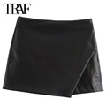 Saias  Shorts Mini Assimétrico Preto Saia Curta Cintura Alta Culottes Elegante Saia couro sintético