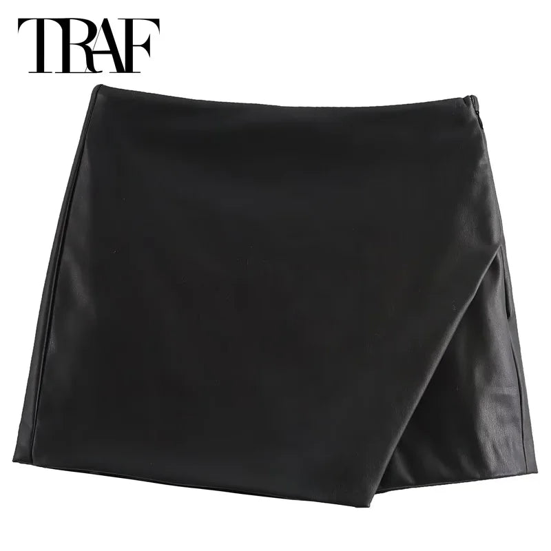 Saias  Shorts Mini Assimétrico Preto Saia Curta Cintura Alta Culottes Elegante Saia couro sintético