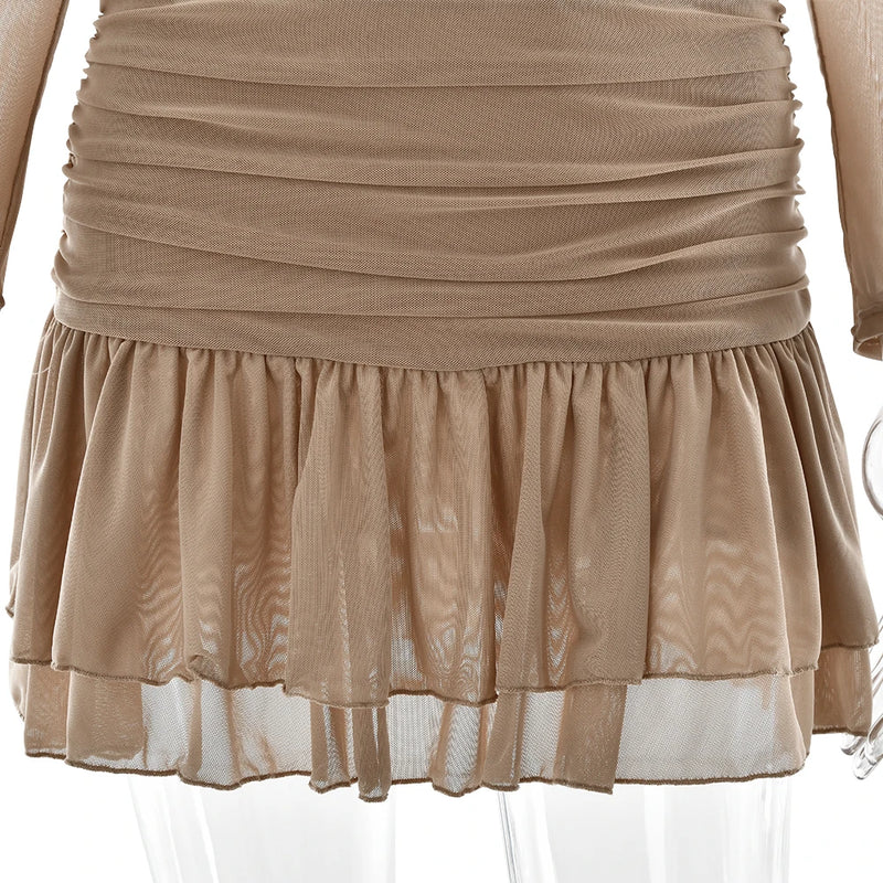 Fantoye Sexy Strapless Two Piece Sets Women Skirt Suit Khaki Long Sleeve Top Ruffle Skirt Female Spring Slim Elegant Skirt Sets