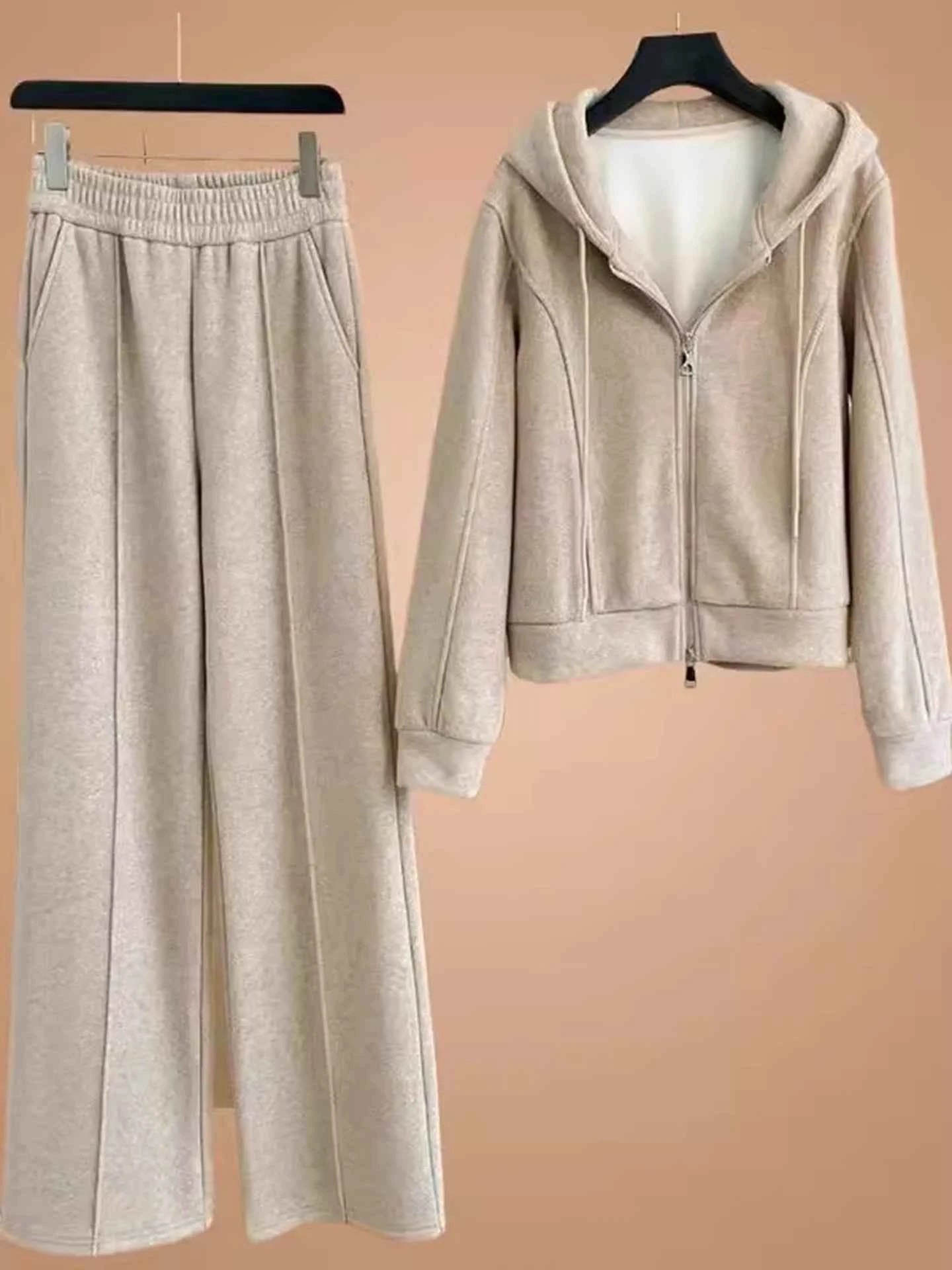 Women's Fleece Lined Thick Casual Sports Suit Set Hoodie Jacket Wide Leg Pants Two Piece Set Autumn Winter Fashion New Style