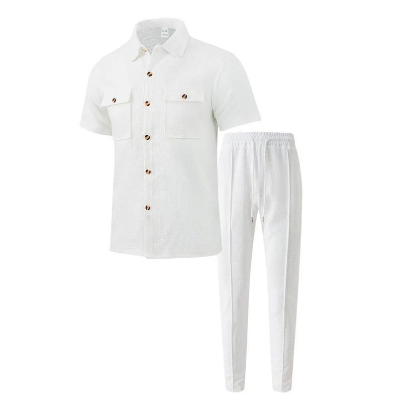 Conjunto de duas peças masculino, camisa casual leve, cor sólida, bolso com botão, tendência waffle, manga curta, calça, verão 2025