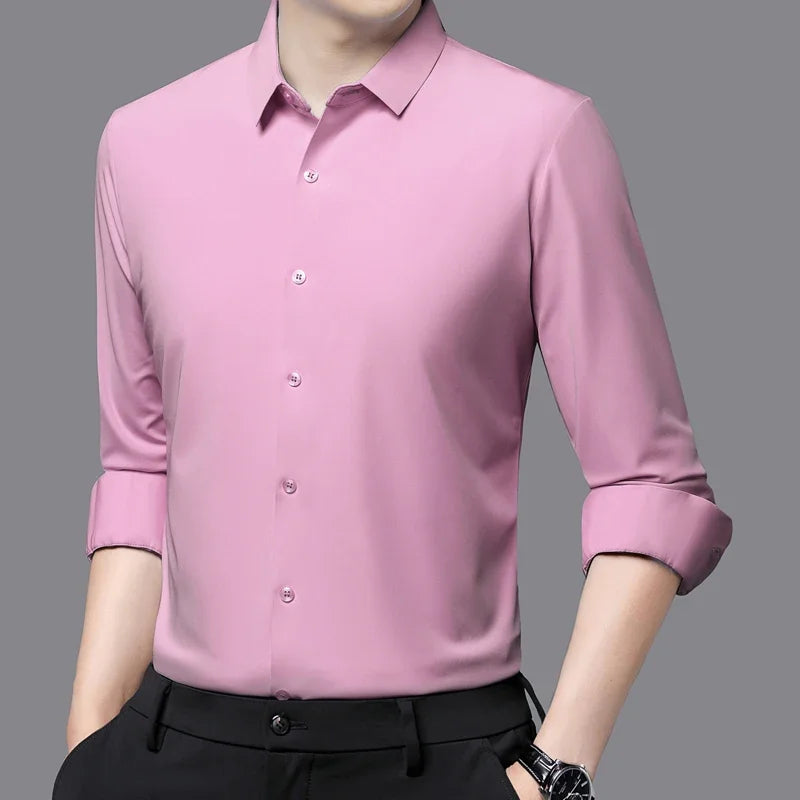 Camisa masculina premium ultraelástica - Camisa formal de manga comprida de seda de alta qualidade para uso social e casual