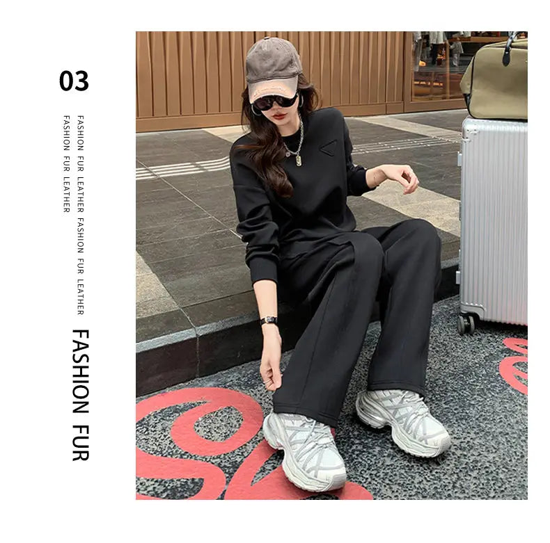 Loose Casual Fashion Sportswear Set for Women plus Size Autumn 2025 Trendy Sweatshirt Wide Leg Pants Two Piece Set