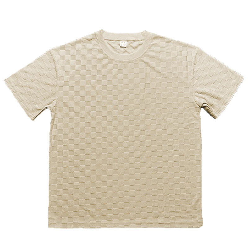 Conjunto de shorts casuais de perna reta e tamanho grande, camiseta xadrez jacquard de manga curta para homens, verão 2025