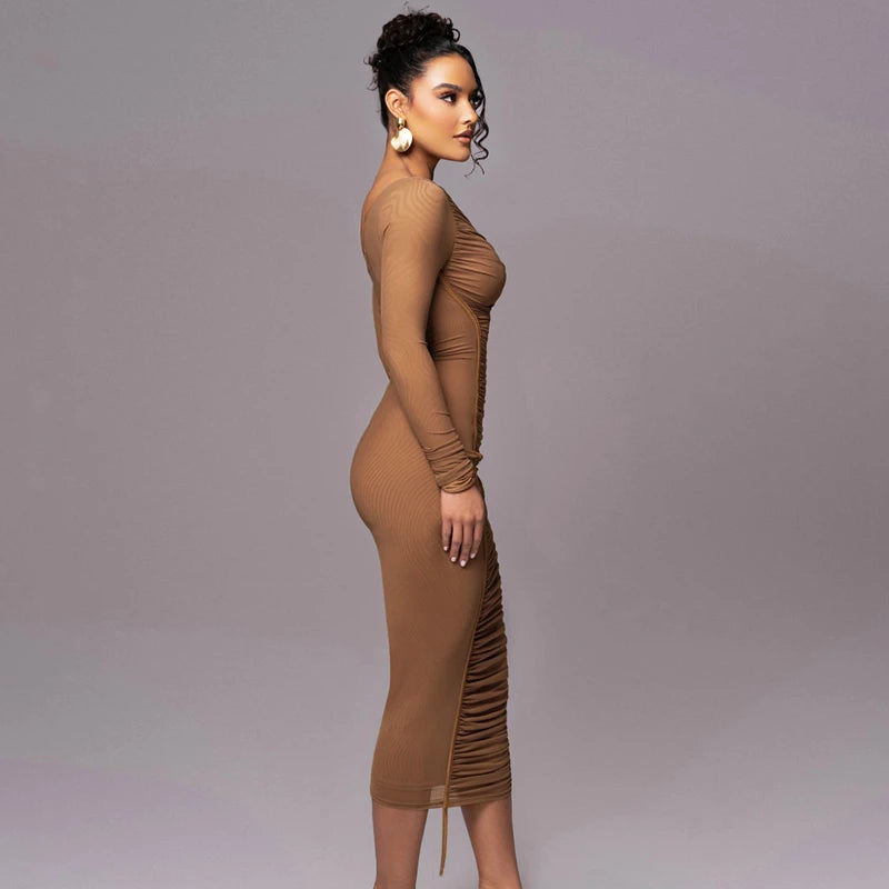 Hugcitar Mesh Solid Diagonal Collar Long Sleeve Draped Sexy See Through Bodycon Maxi Dress Summer Fashion Clothes Festival Club