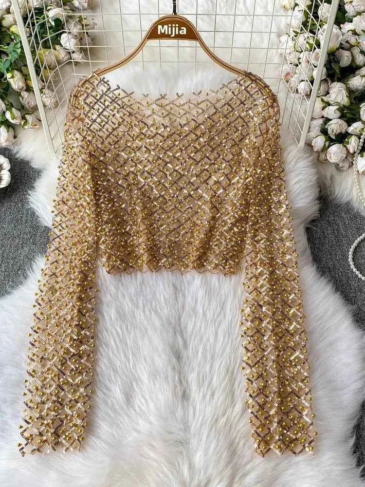 Slim Fit Short Sleeveless T-Shirt Women's New Style round Neck Long Sleeve Shiny Sequin Heavy Duty Bead Commute Style Korean ...