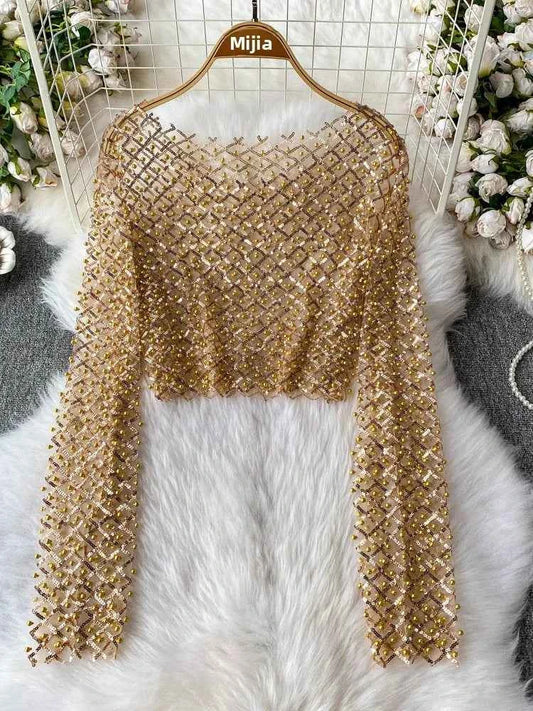 Slim Fit Short Sleeveless T-Shirt Women's New Style round Neck Long Sleeve Shiny Sequin Heavy Duty Bead Commute Style Korean ...