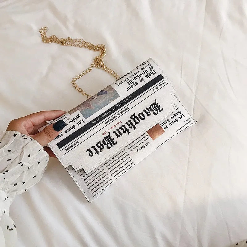 Creative Newspaper Style Shoulder Bag Women's Fashion Korean Version Versatile Crossbody Bag Retro Style Chain Bag Creative Gift