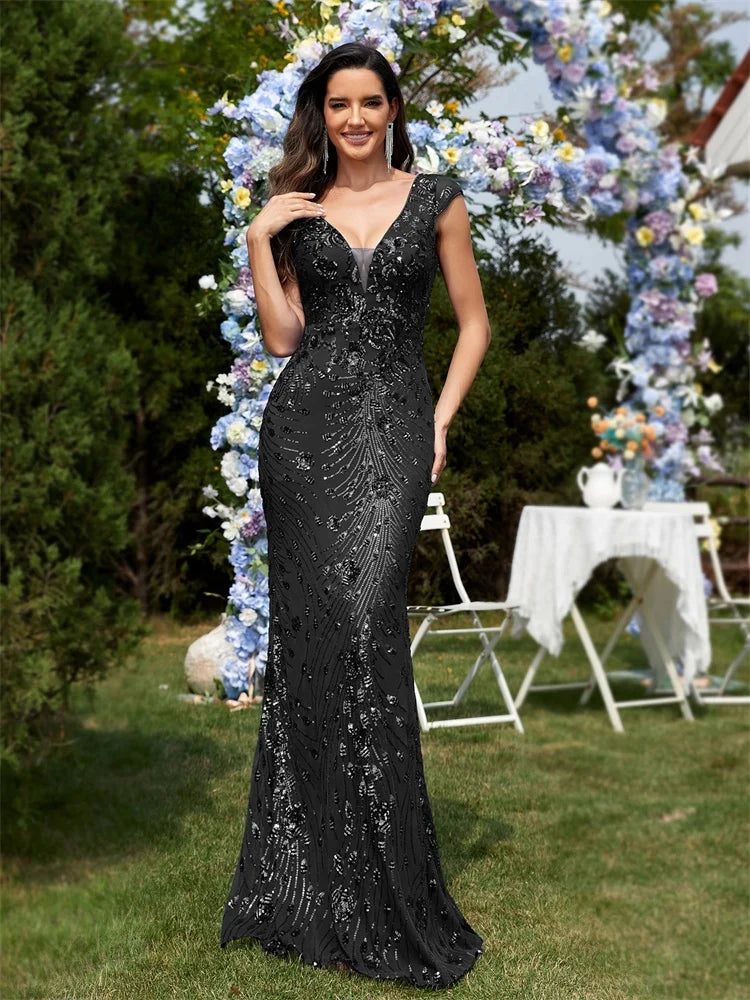 BLUEPLUM New Elegant Green SequinS Evening Dress Women Long Luxury Mermaid Formal Deep V-neck Prom Luxury Wedding Party Gowns